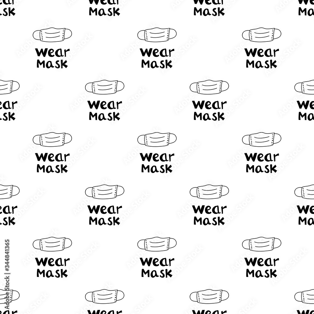 Seamless pattern with wear mask lettering and doodle face mask. Isolated on white background. Vector stock illustration. Seamless pattern with wear mask lettering and doodle face mask. Isolated on white background. Vector stock illustration.