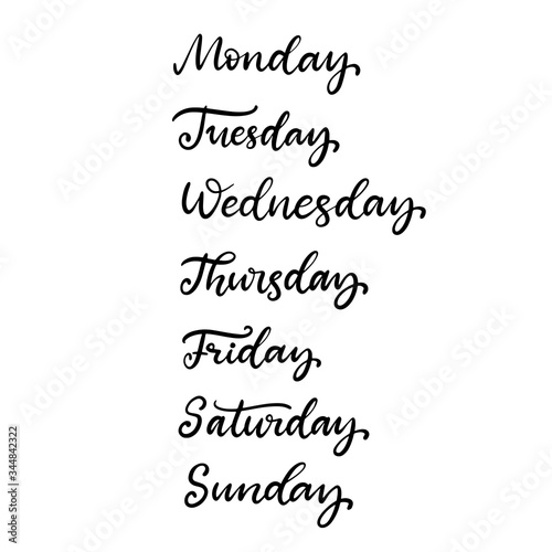 Hand drawn doodle set for Bullet journal vector illustration. Lettering and elements for notebook, diary, planner. Days of week, notes, wish, to do and bucket list. Check boxes with lines.