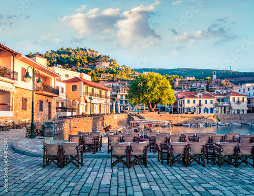Attractive morning view of the Nafpaktos port. Bright summer scene of the Gulf of Corinth, Greece, Europe. Beauty of countryside concept background. Traveling concept background.