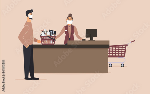 Supermarket during epidemic of virus.Cashier in protective medical mask is behind cash register serve guy with basket with cleaning products.Teller workplace on pink background.Vector illustration