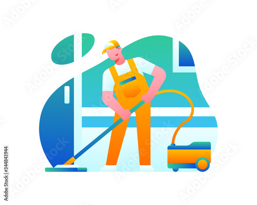 A Janitor Is Cleaning The Floor Using A Vacuum Cleaner