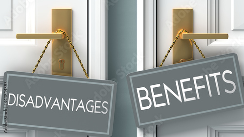 Tableau sur toile benefits or disadvantages as a choice in life - pictured as words disadvantages,