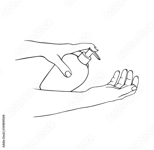 Disinfection of hands. Hand-drawn vector illustration . alcohol gel bottle for cleaning and disinfection. Hand press disinfectant. Vector illustration