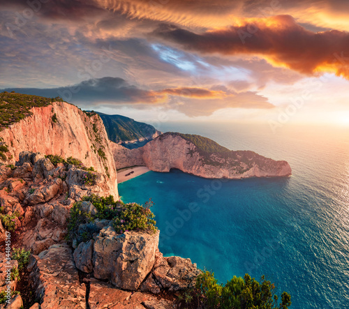 Aerial summer view of Shipwreck Beach. Awesome sunset on Zakinthos island, Greece, Europe. Amazing seascape of Ionian Sea. Beauty of nature concept background.