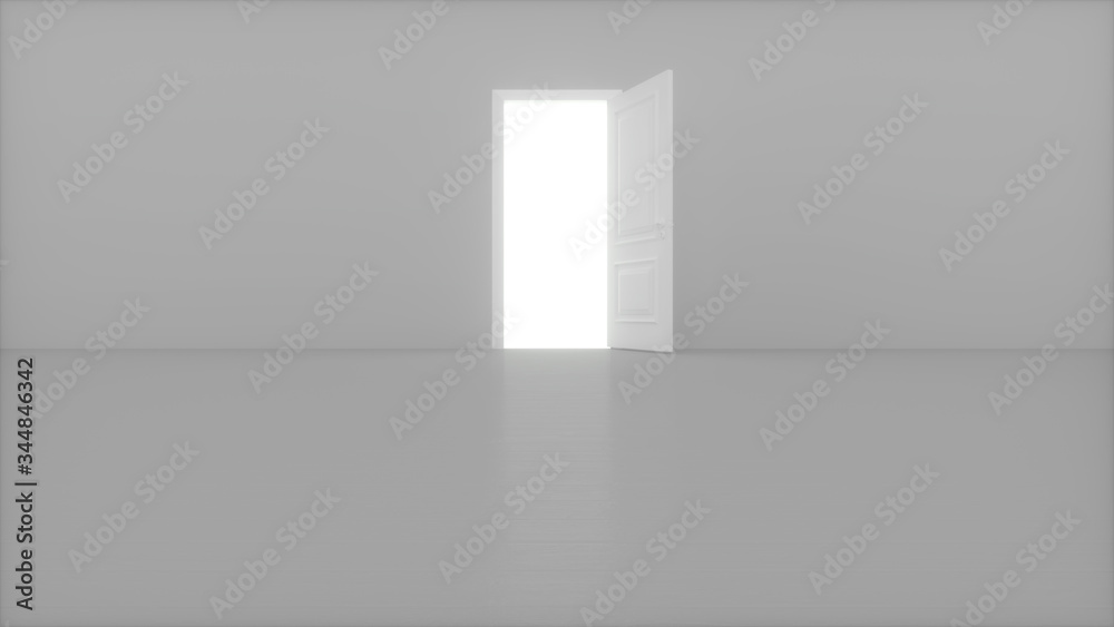 Light shines from door opening in bright white room. Fills the space with bright white light. 3D render