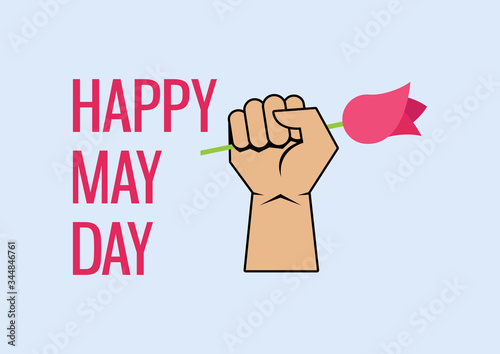 Happy May Day with raised fist holding a flower vector. Clenched fist holding tulip vector. Hand holding tulips icon. Revolution hand icon. Important day