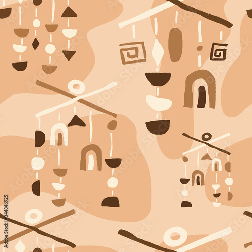 Wind chimes seamless pattern, bohemian background in modern style, abstract feng shui pattern for fashion prints 