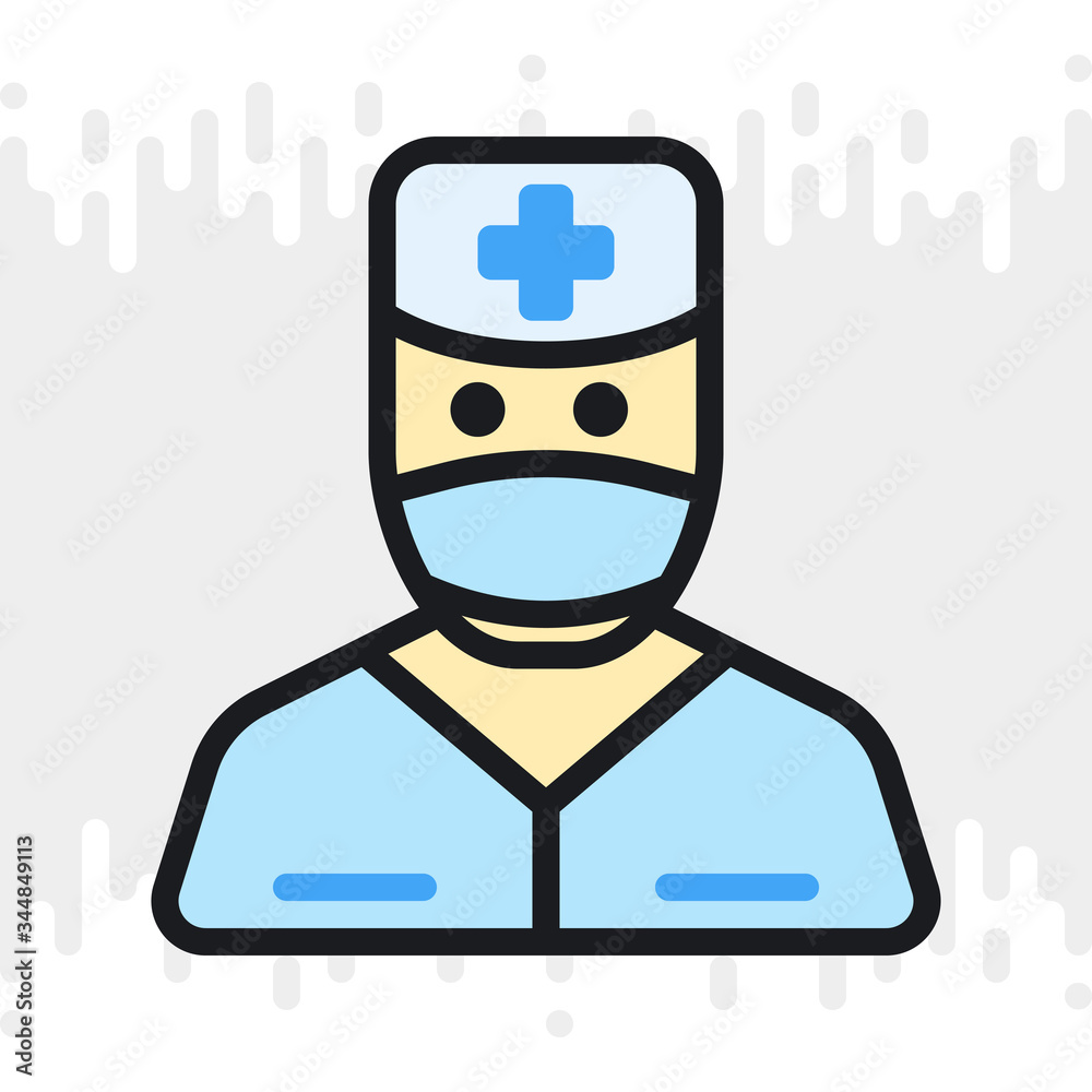 Doctor icon. Man in medical mask, medical gown and doctor's hat. Simple color version on light gray background
