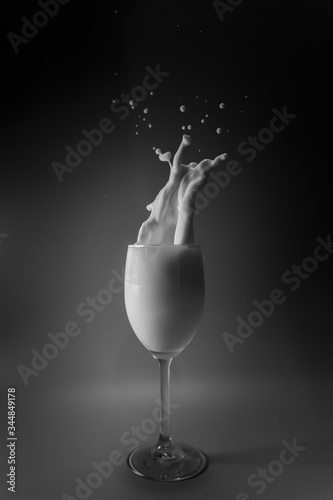 Splash of milk. Milk splash out of glass. Black&White.
