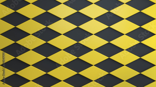 Abstract geometric composition with a pattern of a yellow glossy rhombus on black background. 3d render.