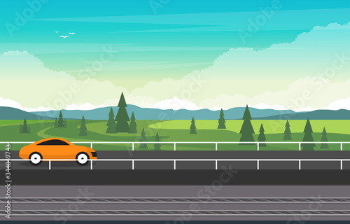 Road with Railway Railroad Transportation Train Nature View Landscape Illustration