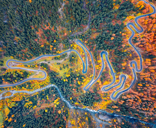 Straight-down view from flying drone of Maloya pass. Colorful morning scene in Swiss Alps, Upper Engadine in canton of the Grisons, Switzerland, Europe. Traveling concept background..