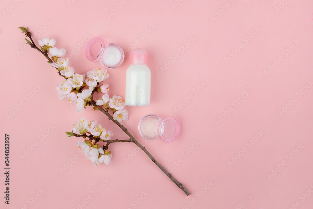Set of natural cosmetics and Spa products on a pink background. Flat lay with space for text. Set of natural cosmetics and Spa products on a pink background. Flat lay with space for text.