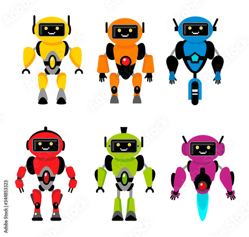 A set of bright flat android robots and cyber helpers.
