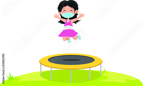 A girl using medical mask while jumping on a trampoline illustration photo