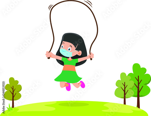 A girl using medical mask while playing jumping rope illustration