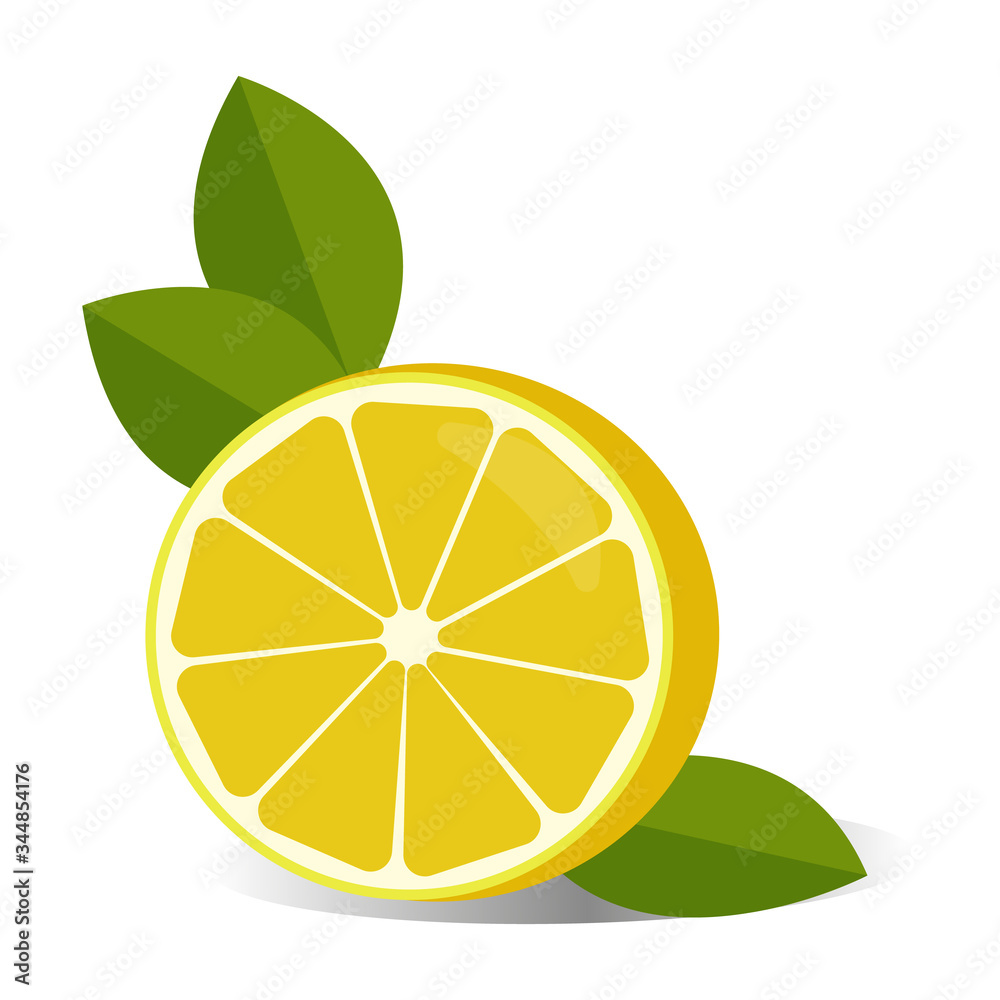 Sliced lemon with green leaves. Element for menu design Sliced lemon with green leaves. Element for menu design