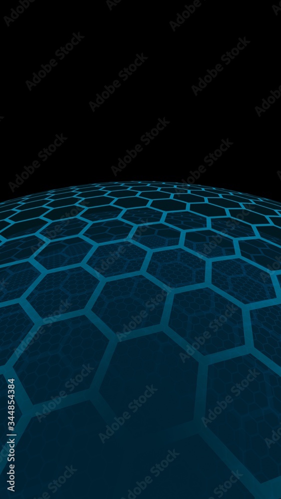 Fototapeta premium Multilayer sphere of honeycombs, gray turquoise on a dark background, social network, computer network, technology, global network. 3D illustration
