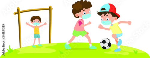 3 boys are using medical mask while playing foot ball together on the field illustration