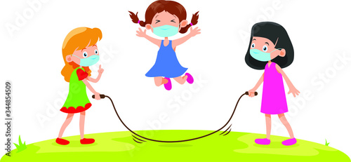 3 girls are using medical mask while playing jumping rope together illustration
