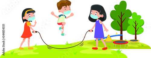 2 girls and 1 boy are using medical mask while playing jumping rope together illustration