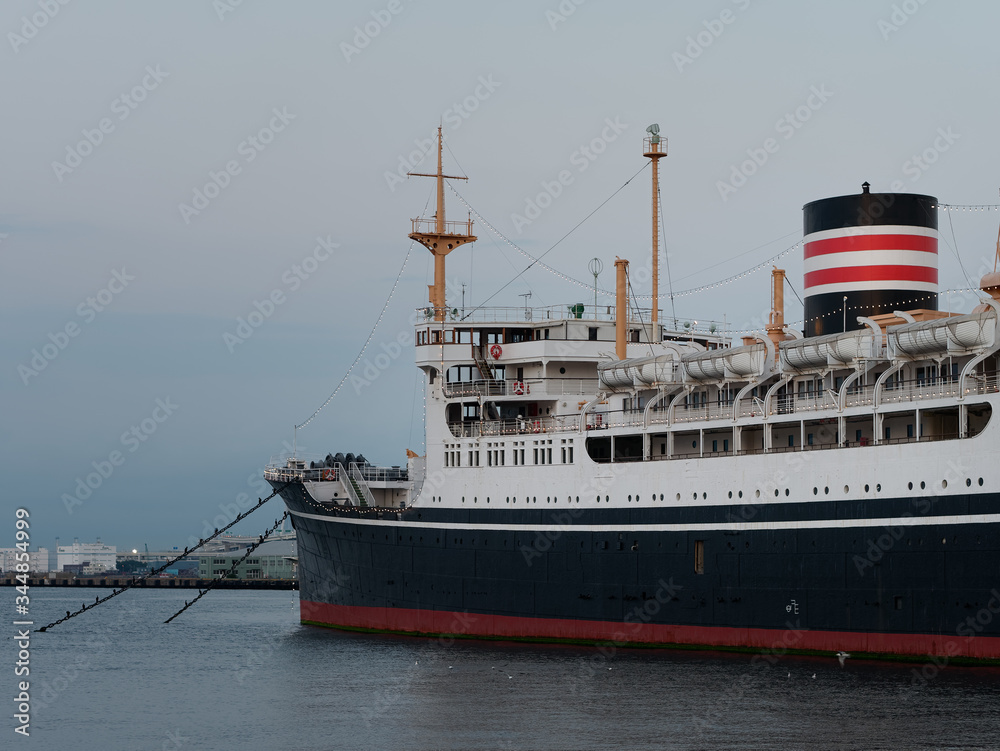 Hikawa Maru, a Japanese ocean liner berthed as a museum ship at Yamashita Park, Yokohama, Japan at dusk. Hikawa Maru, a Japanese ocean liner berthed as a museum ship at Yamashita Park, Yokohama, Japan at dusk.