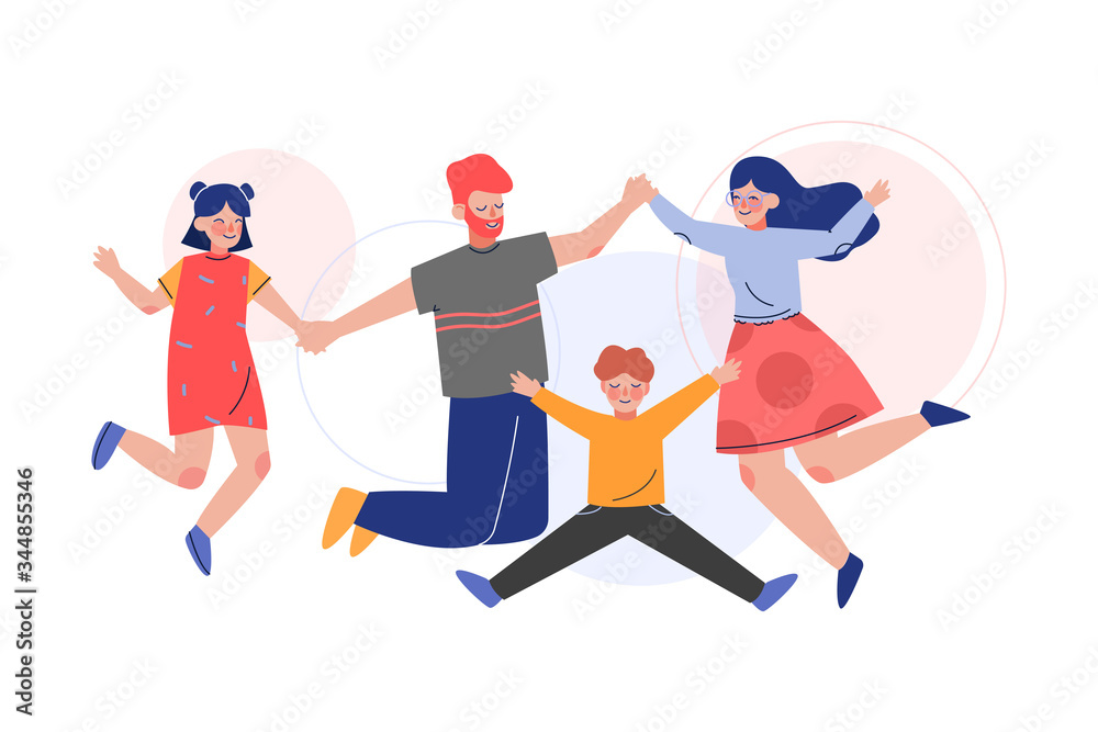 Happy Family Jumping Together, Father, Mother, Daughter and Son Having Fun Vector Illustration