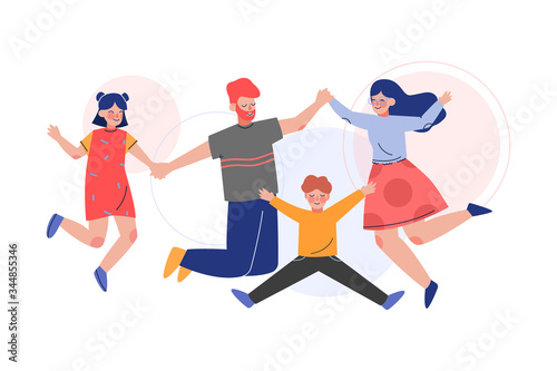 Happy Family Jumping Together, Father, Mother, Daughter and Son Having Fun Vector Illustration
