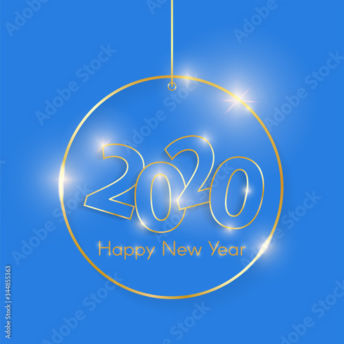 Gold shiny glowing christmas toy isolated on blue. 2020 golden luxury line border for invitation, card, sale, fashion etc. Minimalistic luxury New Year 2020 concept