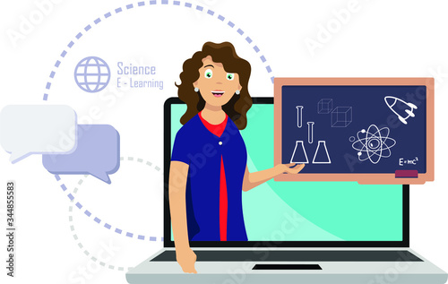 A Woman teaching science in online class illustration