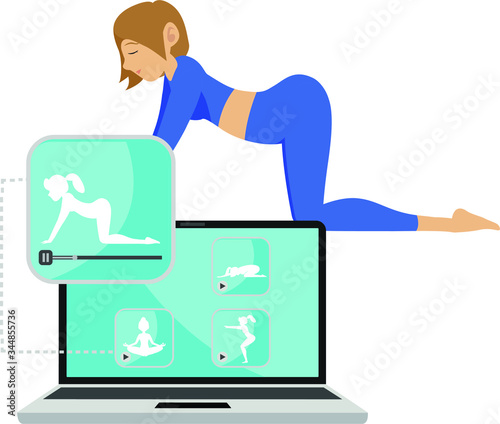 Woman learning yoga step by step from her laptop illustration