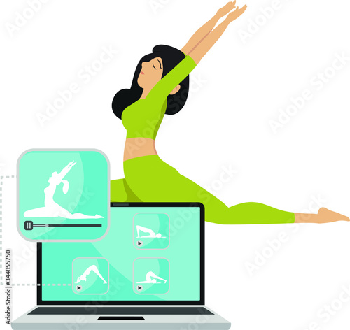Woman learning yoga step by step from her laptop illustration