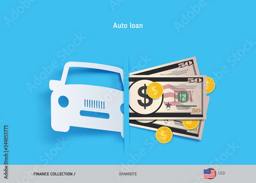 Car loan concept. 50 US Dollar banknotes and gold coins . Flat style vector illustration.