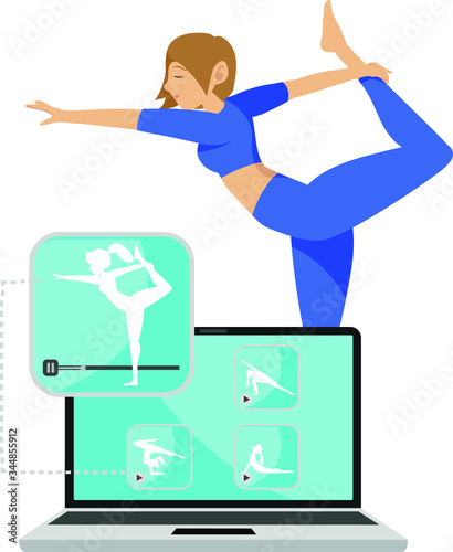 Woman learning yoga step by step from her laptop illustration