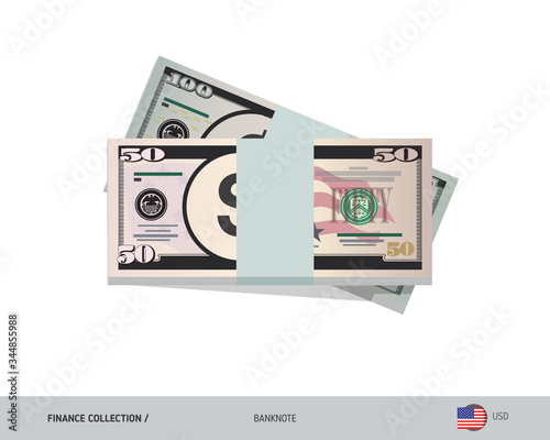 50 US Dollar banknotes. A bundle of money. Flat style vector illustration.