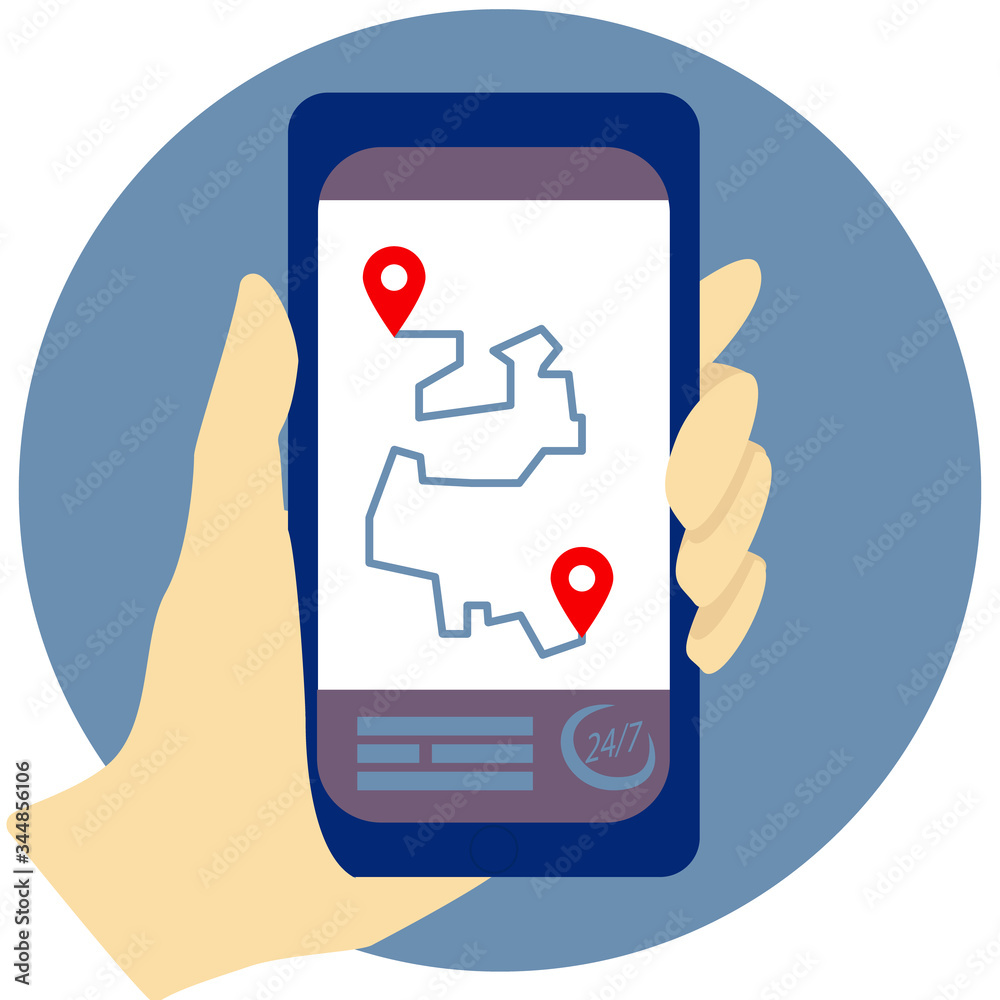 Smartphone in the hand. The concept of navigation two labels on the map in the application. Icon around the clock. Creative vector illustration for your website isolated on white background.EPS 10 Smartphone in the hand. The concept of navigation two labels on the map in the application. Icon around the clock. Creative vector illustration for your website isolated on white background.EPS 10