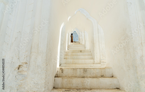 Beautiful white stairway to the temple in Mandalay, Myanmar
