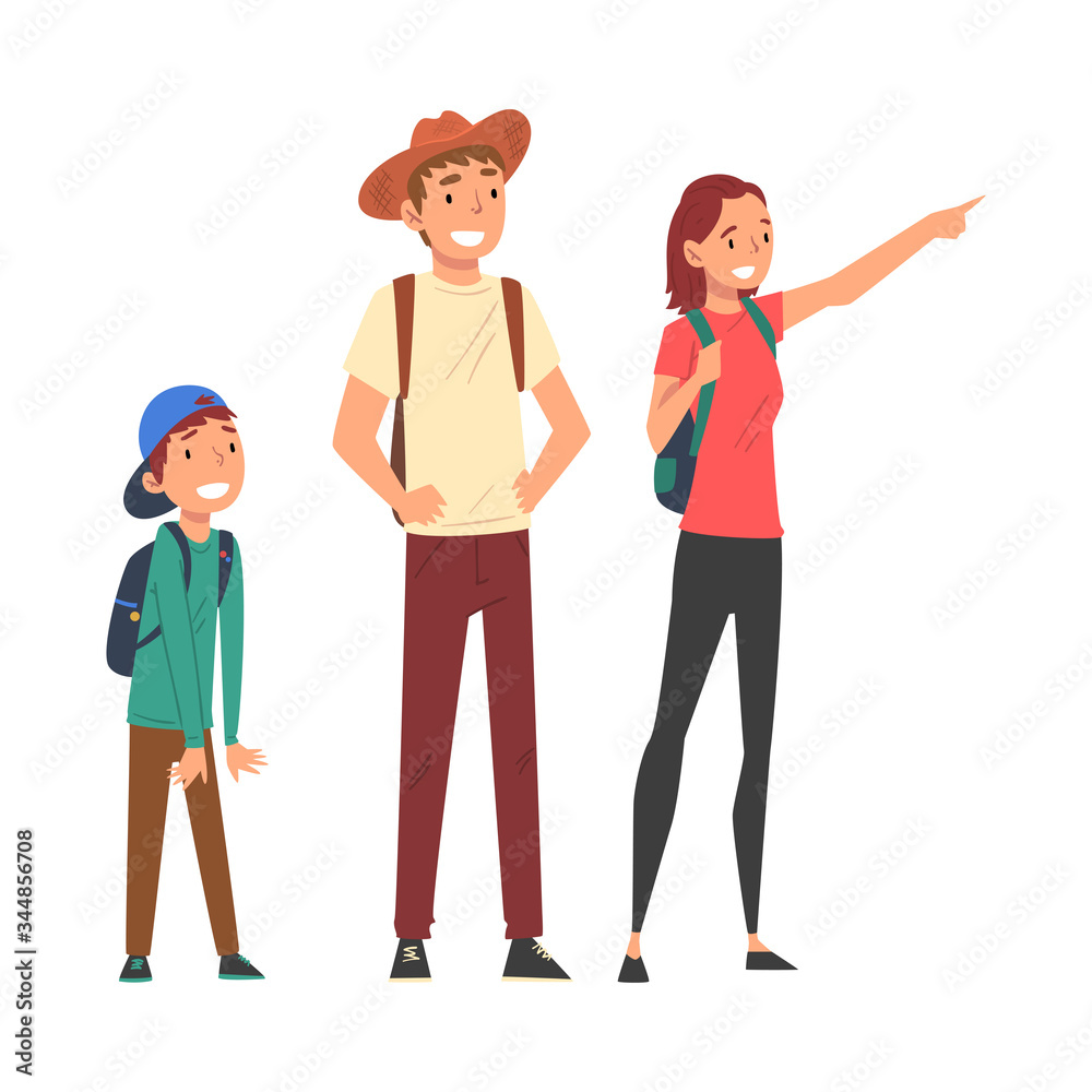 Happy Family Travelling and Sightseeing on Vacation, Smiling Father, Mother and Their Son Characters Vector Illustration