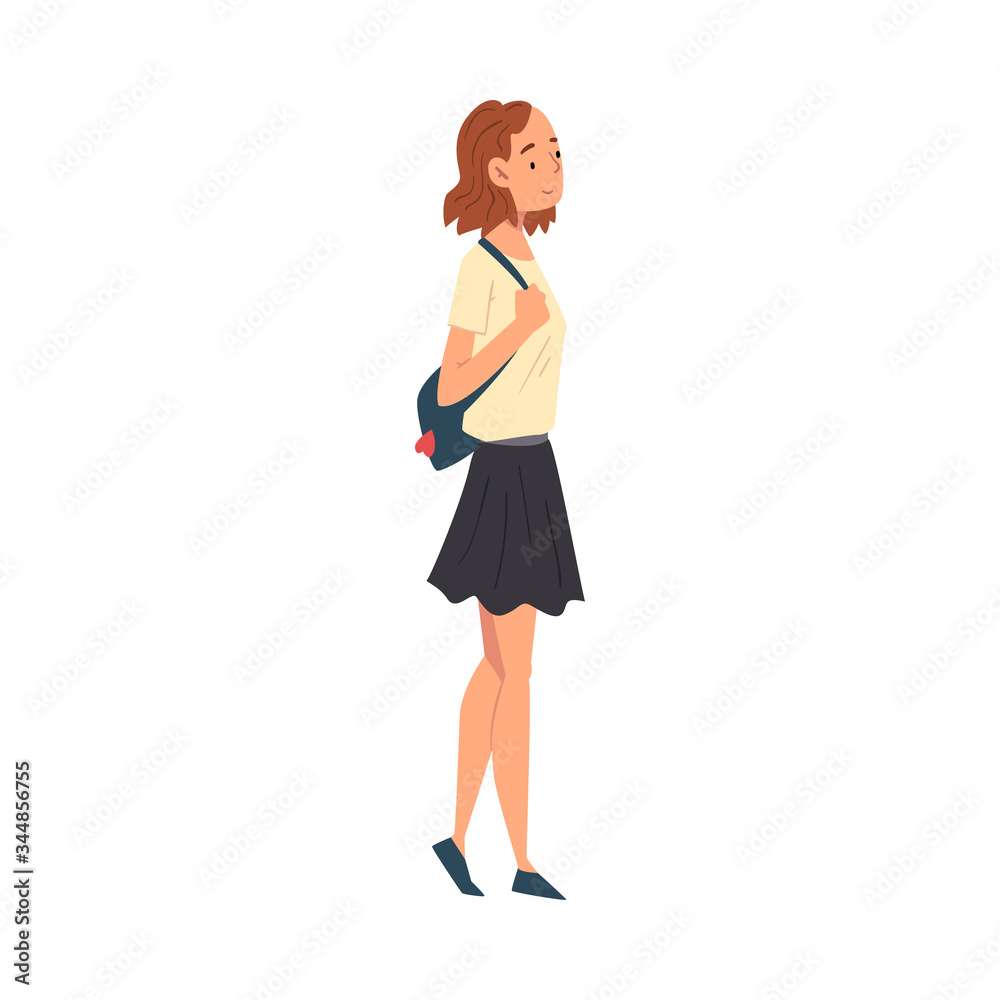 Young Woman in Casual Clothes Walking with Bag, Girl Travelling and Sightseeing on Vacation Vector Illustration Young Woman in Casual Clothes Walking with Bag, Girl Travelling and Sightseeing on Vacation Vector Illustration