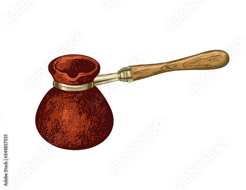 .Clay cezve coffe pot . Hand drawn vector object on a white background. Color vintage sketch.
