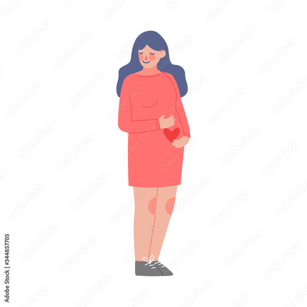 Obraz premium Beautiful Brunette Pregnant Woman Touching her Belly, Happy Parenthood Vector Illustration
