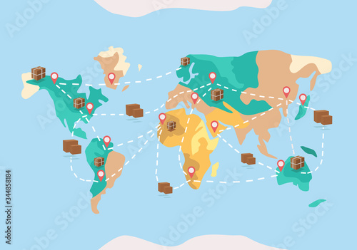 Vector illustration of worldwide delivery of goods and global commerce. Boxes with goods on the background of the world map and conceptually their delivery from one city to another