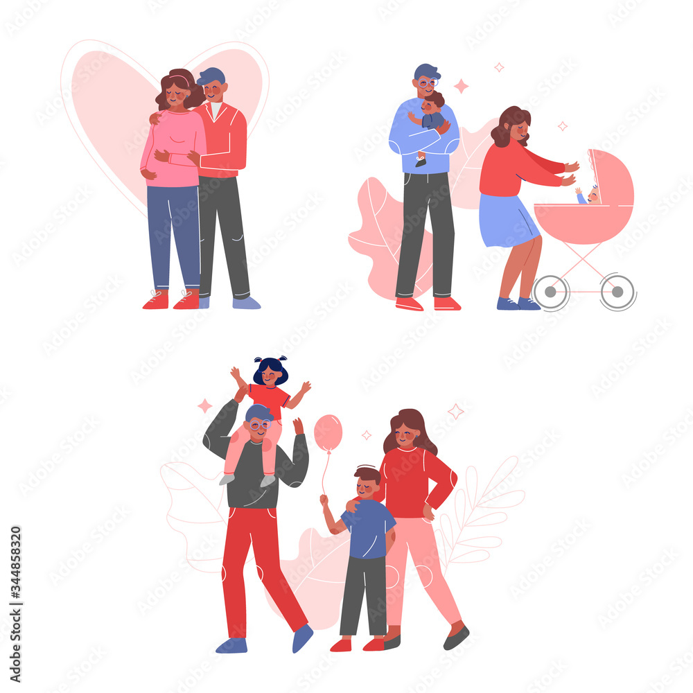 Fototapeta premium Happy Families Collection, Couple Expecting Baby, Walking with Pram, Parents and Their Children Spending Good Time Together Vector Illustration