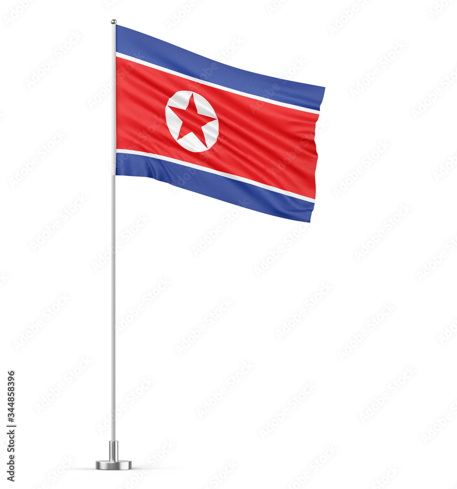 North Korea flag on a flagpole white background 3D illustration