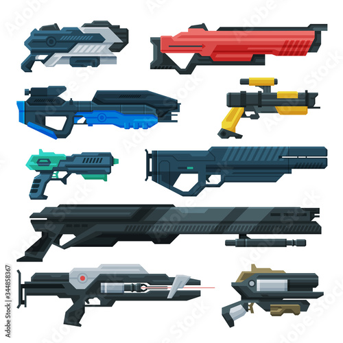 Futuristic Space Guns Blasters Collection, Fantastic Handguns, Rayguns of Alien, Childish Pistols Vector Illustration