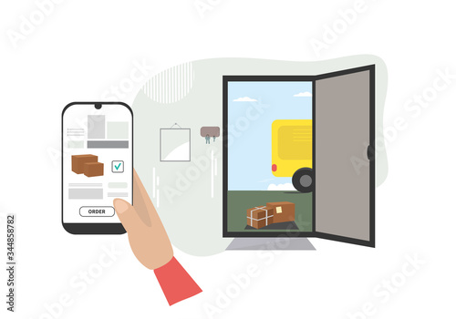 Conceptual vector illustration of contactless delivery and ordering goods through mobile applications and online shopping. Delivery to the door of the house