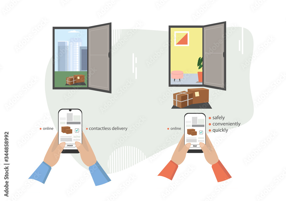 Conceptual vector illustration of contactless delivery and ordering goods through mobile applications and online shopping. Delivery to the door of the house
