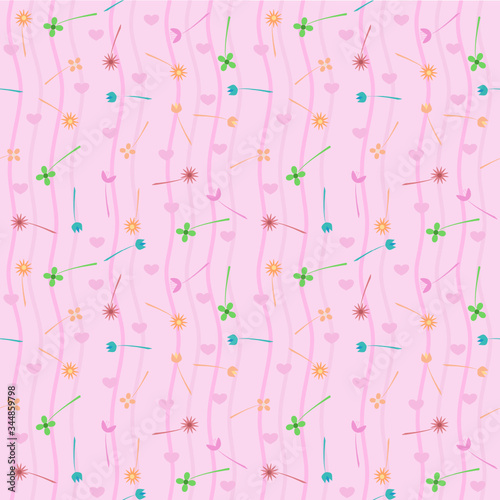 Flower seamless pattern on pastel pink background and pink line.To destroy fabrics or patterns.Vector Illustration.