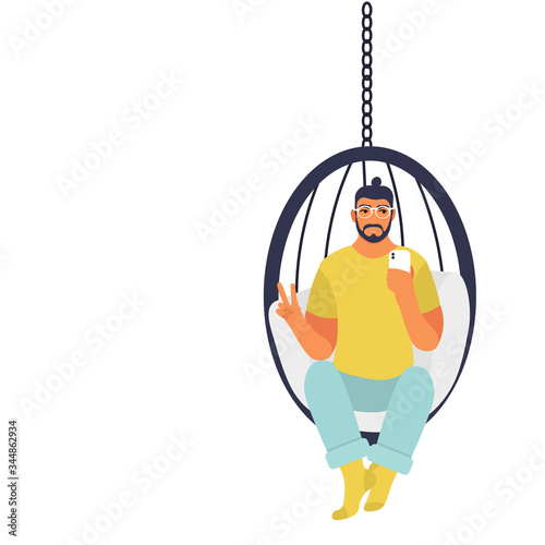 Online communication concept.  Man in hanging chair with phone waving hello to the interlocutor. Illustration in flat style