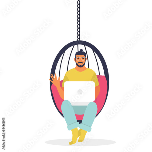 Online communication concept.  Man in hanging chair with laptop waving hello to the interlocutor. Illustration in flat style